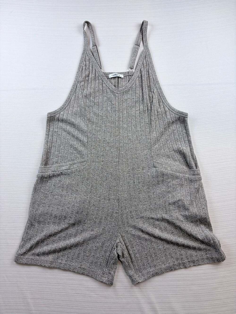 Ekouaer Ribbed Knit Romper Size M Gray Short Overalls Pockets
